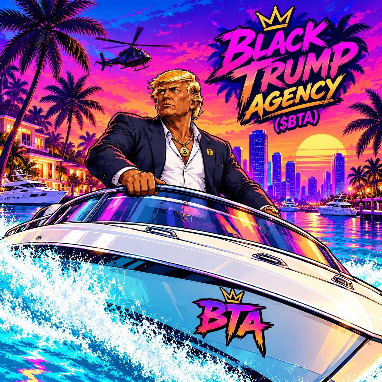 Black Trump driving a speedboat past the neon skyline